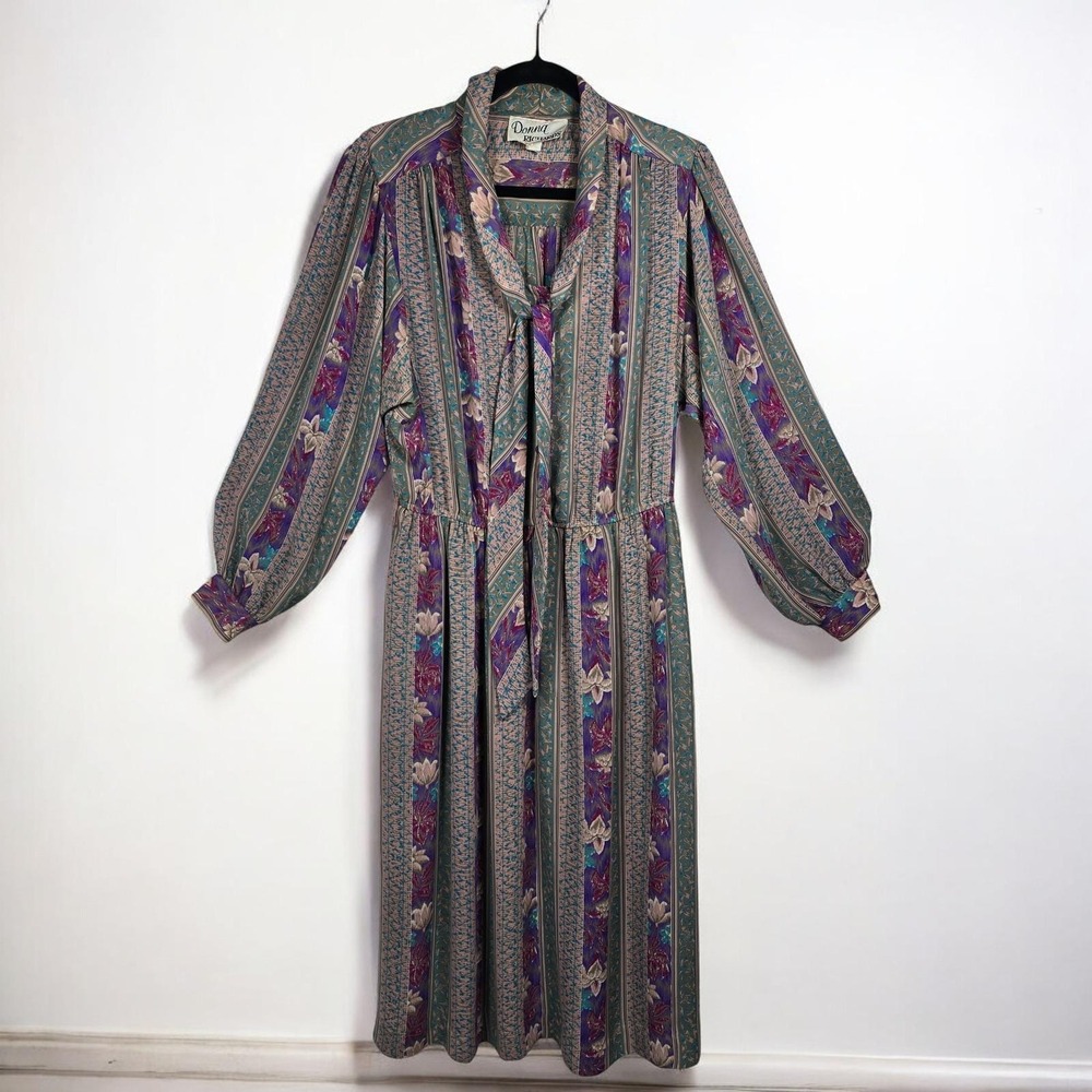 Vintage Donna Richards Secretary Dress Women 16 Floral Striped Neck Tie Bow Midi